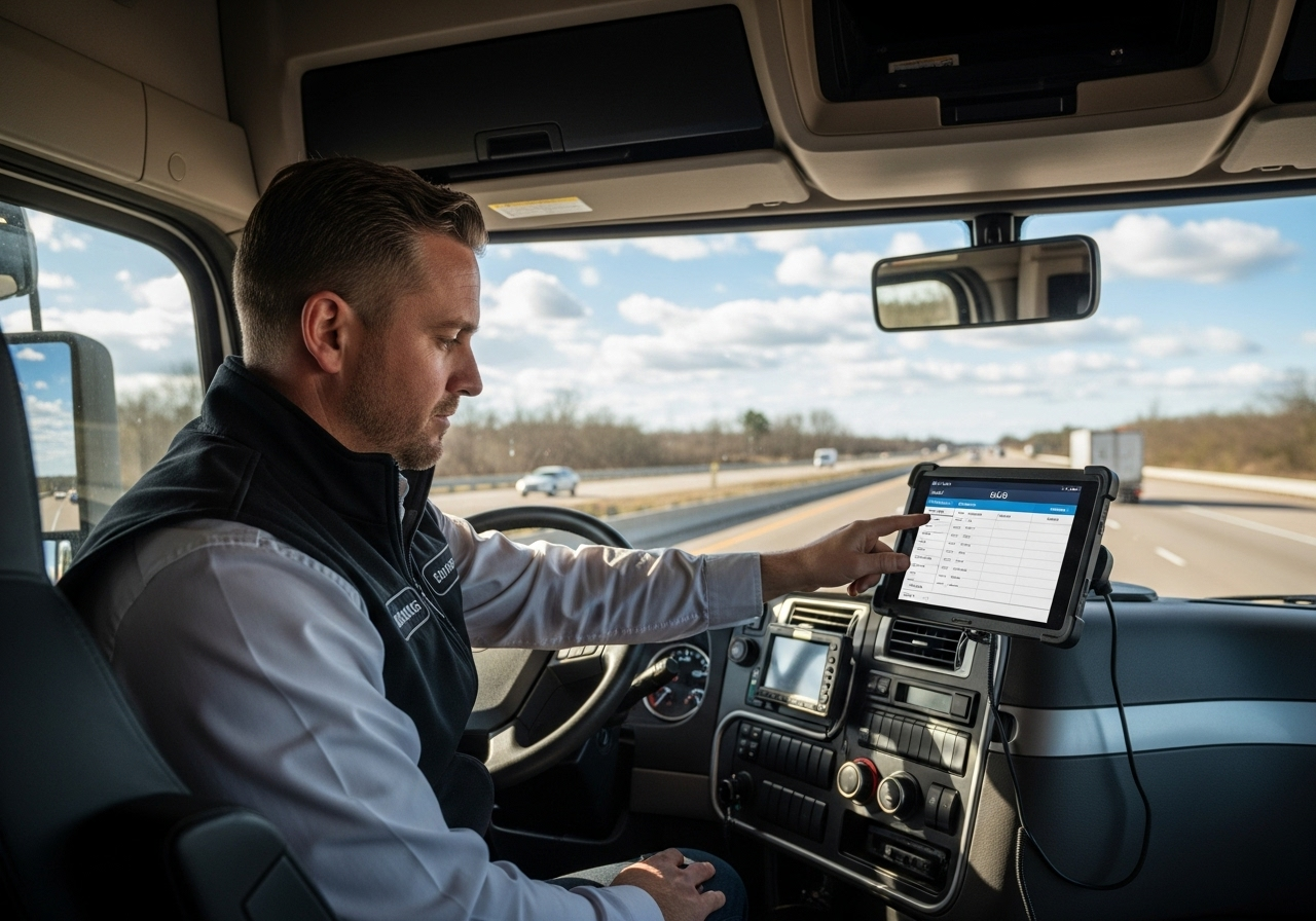 Professional TPC driver using ELD in modern truck cab